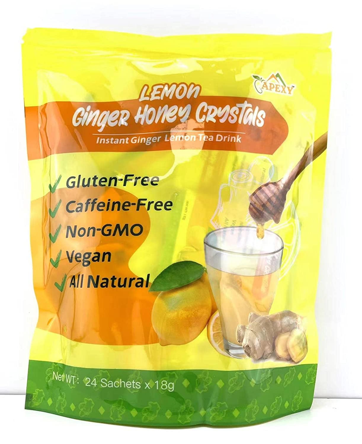 Apexy Instant Ginger Honey Crystal, Ginger Tea 18g X 24 Sachets (Lemon