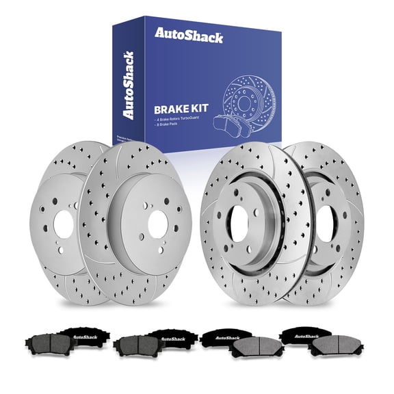 AutoShack Front & Rear Brake Rotors & Premium Pads for Toyota, Highlander 2014-2019 Sienna 2011-2020, AWD FWD L4 2.7L V6 3.5L - Coated Drilled & Slotted - Silver Matte Finish - TurboGuard