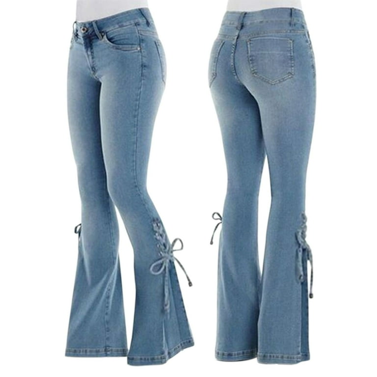 Women's Lace-up Bell Bottom Denim Pants Mid Waist Stretchy Women's Lace-up Bell Bottom Denim Pants Mid Waist Stretchy
