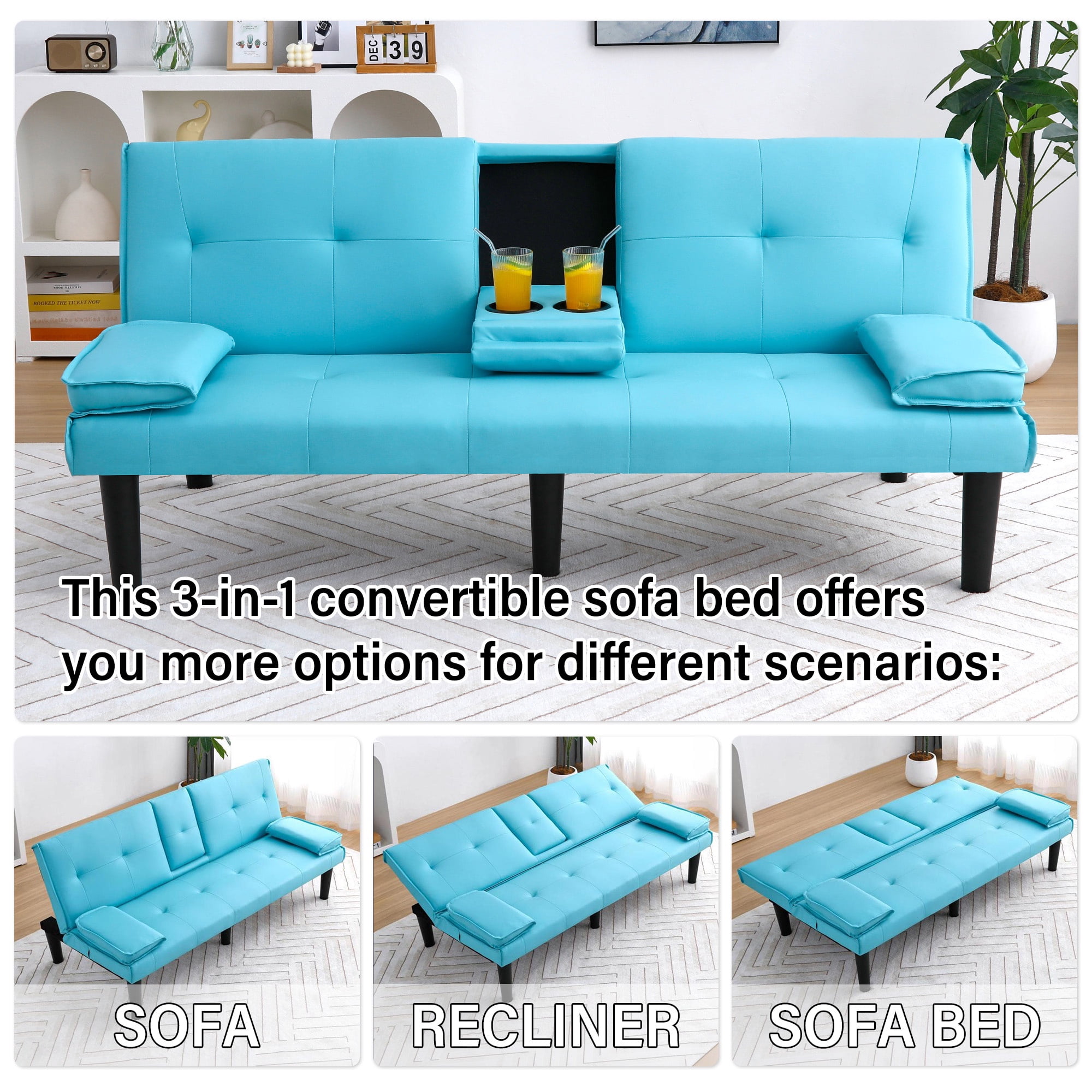 CARZZI LIFE Futon Sofa Bed PU Leather Modern Convertible Futon Couch with Removable Armrests, Cup Holders, Loveseat Sleeper Sofa Bed for Living Room, Apartment, Small Spaces (Blue)