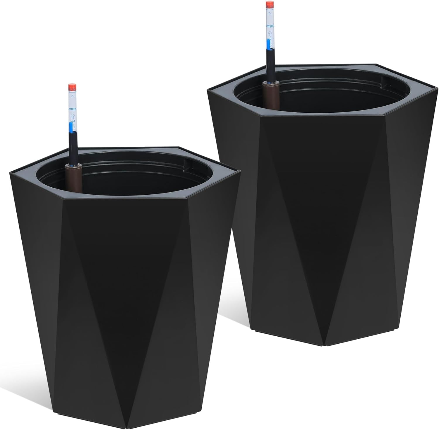 Riedhoff Self-Watering Planter Pots Set of 2, 16" Tall, Water Level Monitor, Drainage Holes, Black