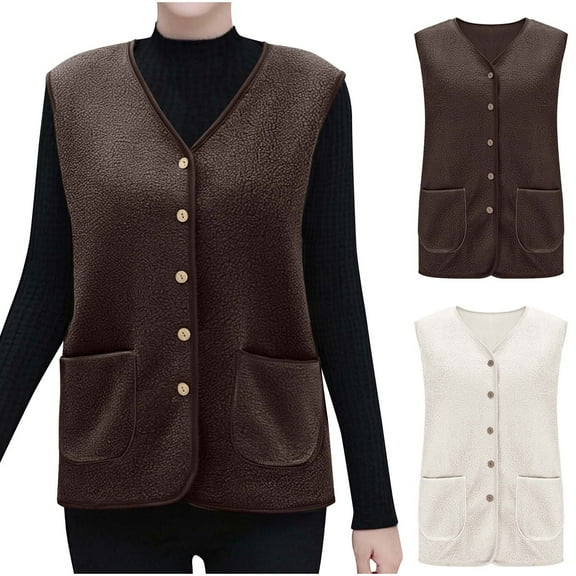 Crunowin Women's Fleece Vest Outerwear, Sleeveless Lightweight Buttoned Jackets Warm Soft Vests with Pockets Coffee L