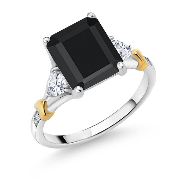 Gem Stone King 925 Silver and 10K Yellow Gold Black Onyx and White Moissanite and Diamond Engagement Ring for Women (3.47 Cttw, Emerald Cut 10X8MM, Trillion 3.5MM, Size 6)