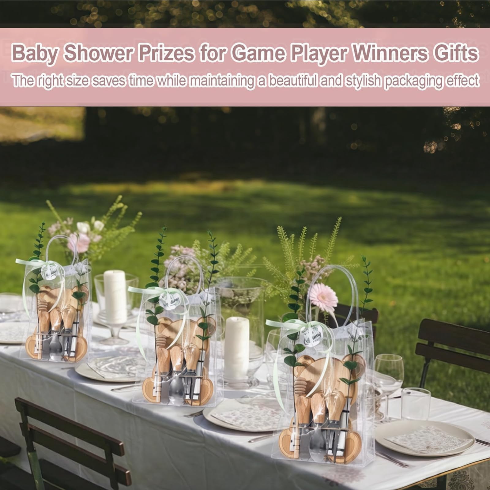 62 Pcs/6 Set Baby Shower Prizes for Game Winners, Bear Bamboo Cheese Board Gift for Guest with Knives Fork Spoon, Honey Sticks, Tablecloth, Eucalyptus Stem, Gift Bag, Bridal Shower Party Favors