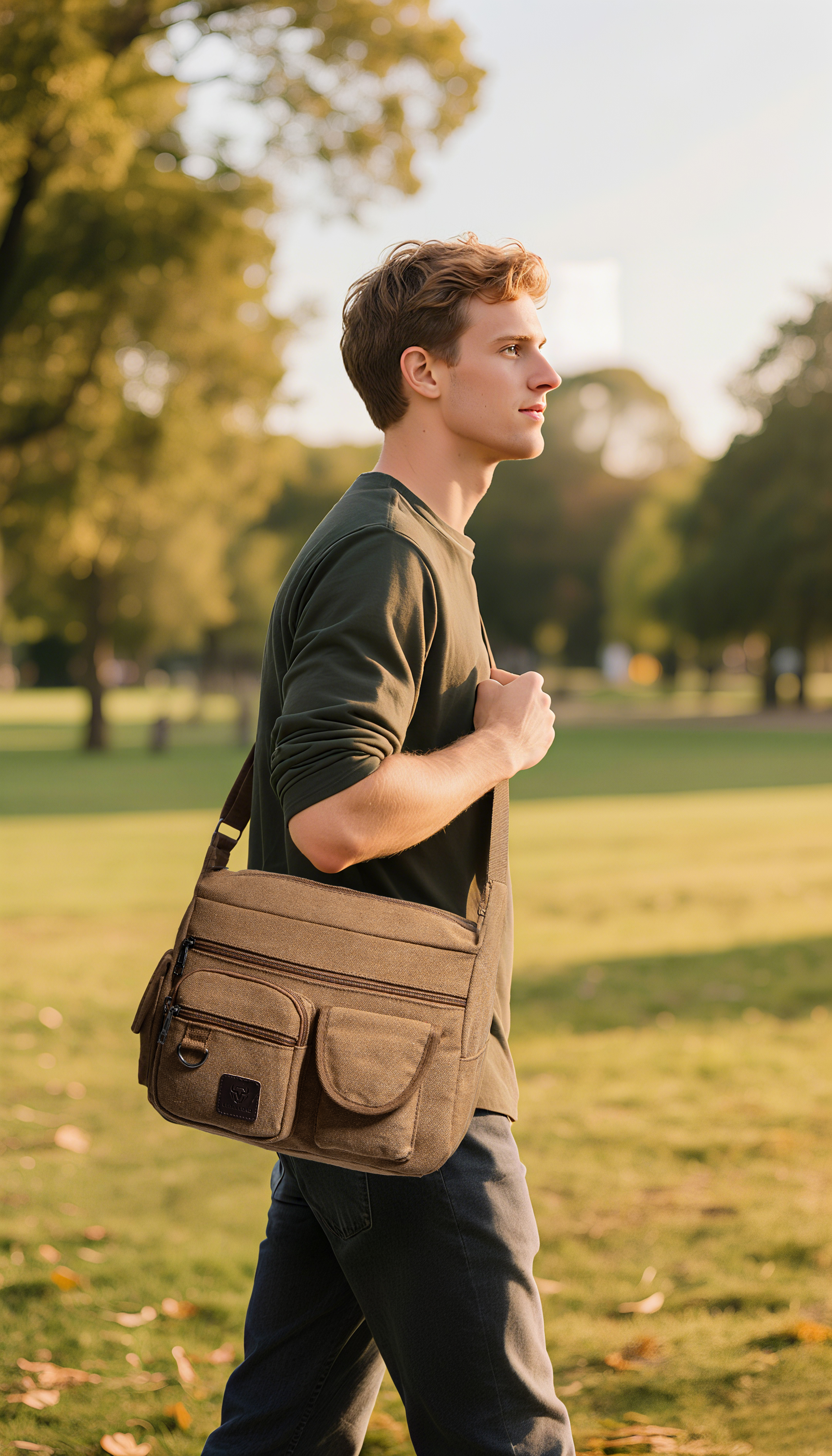 LEBULLBRO Canvas Messenger Bag for Mens Womens Multi-pockets 13 inch Laptop Shoulder Sling Bags School Crossbody Bags Travel Brown