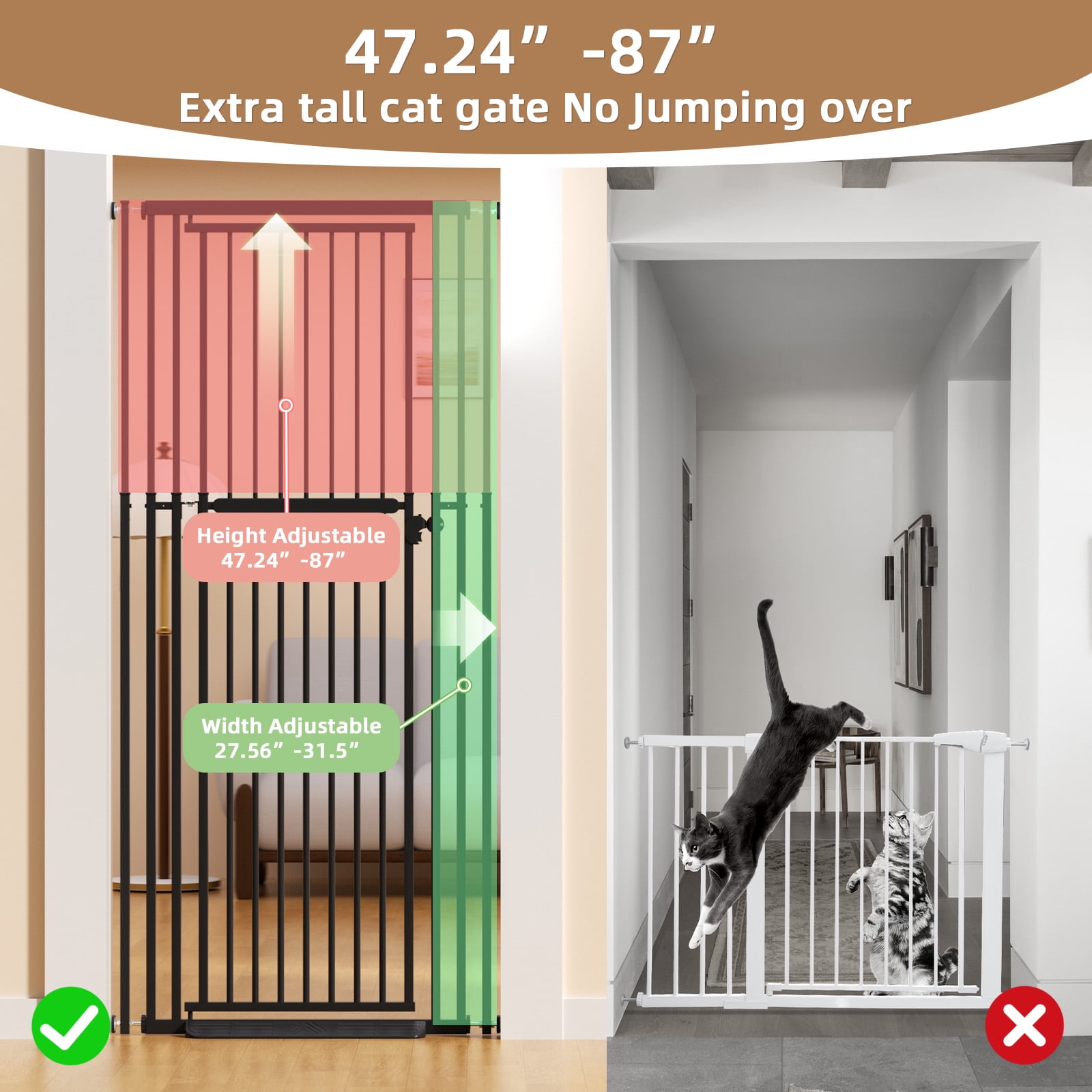 YUFU 47"-87" Extra Tall Pet Gate Metal Safety Gates 27.5"-31.5" Adjustable Width Adjustable Height For Cats Pressure Mounted