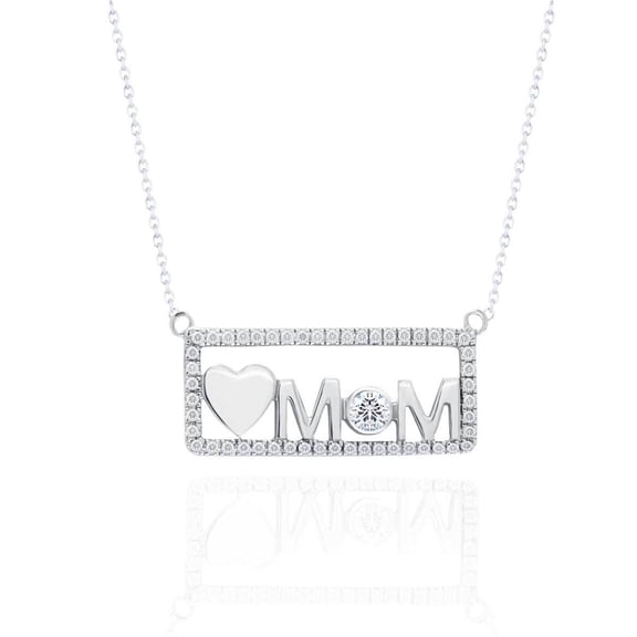 JeenMata Love Mom Moissanite Pendant Necklace in 18K White Gold over Silver