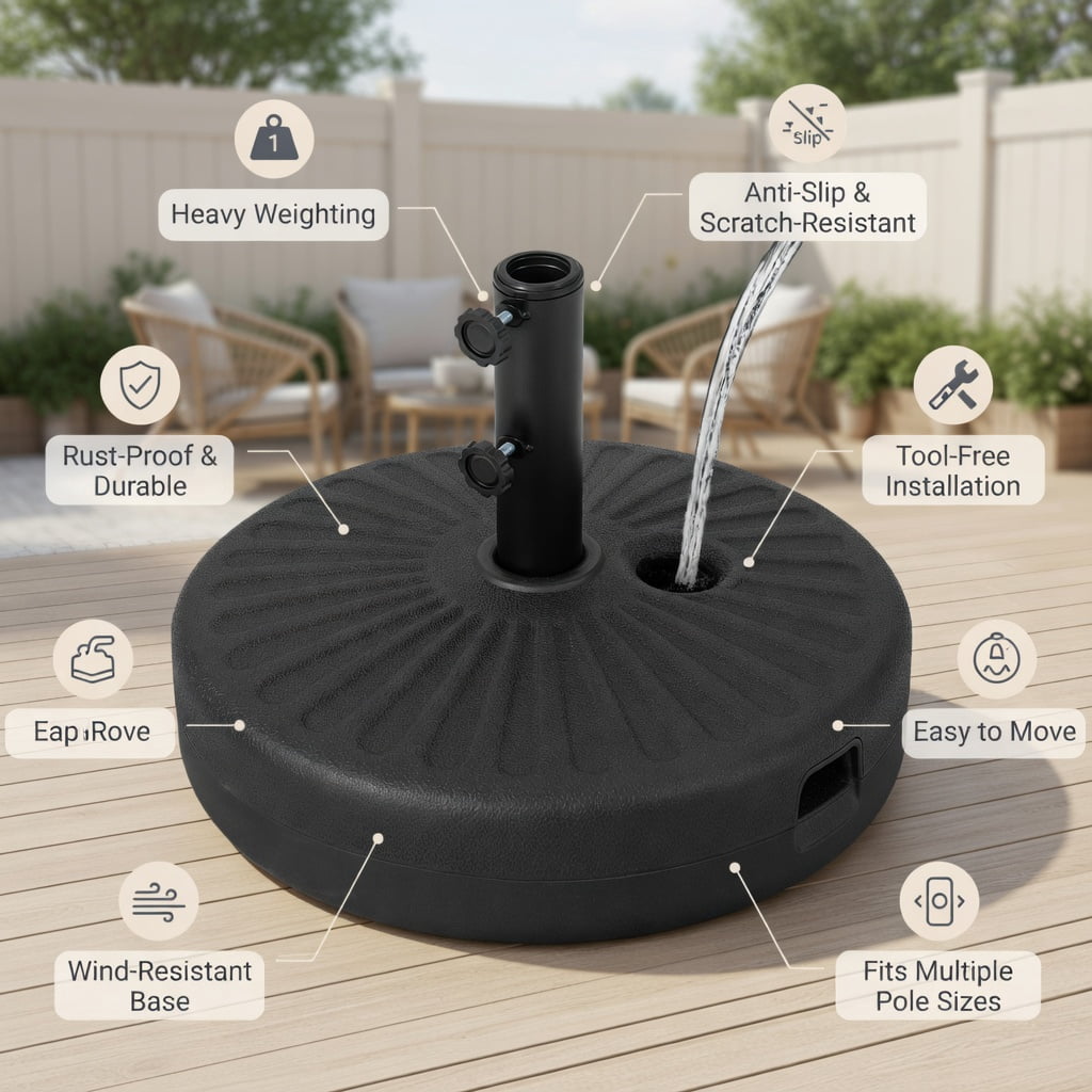 Resenkos Outdoor Umbrella Base, 19.5 Inch Fillable Round Umbrella Base Stand for Yard Garden Poolside-Black, Black