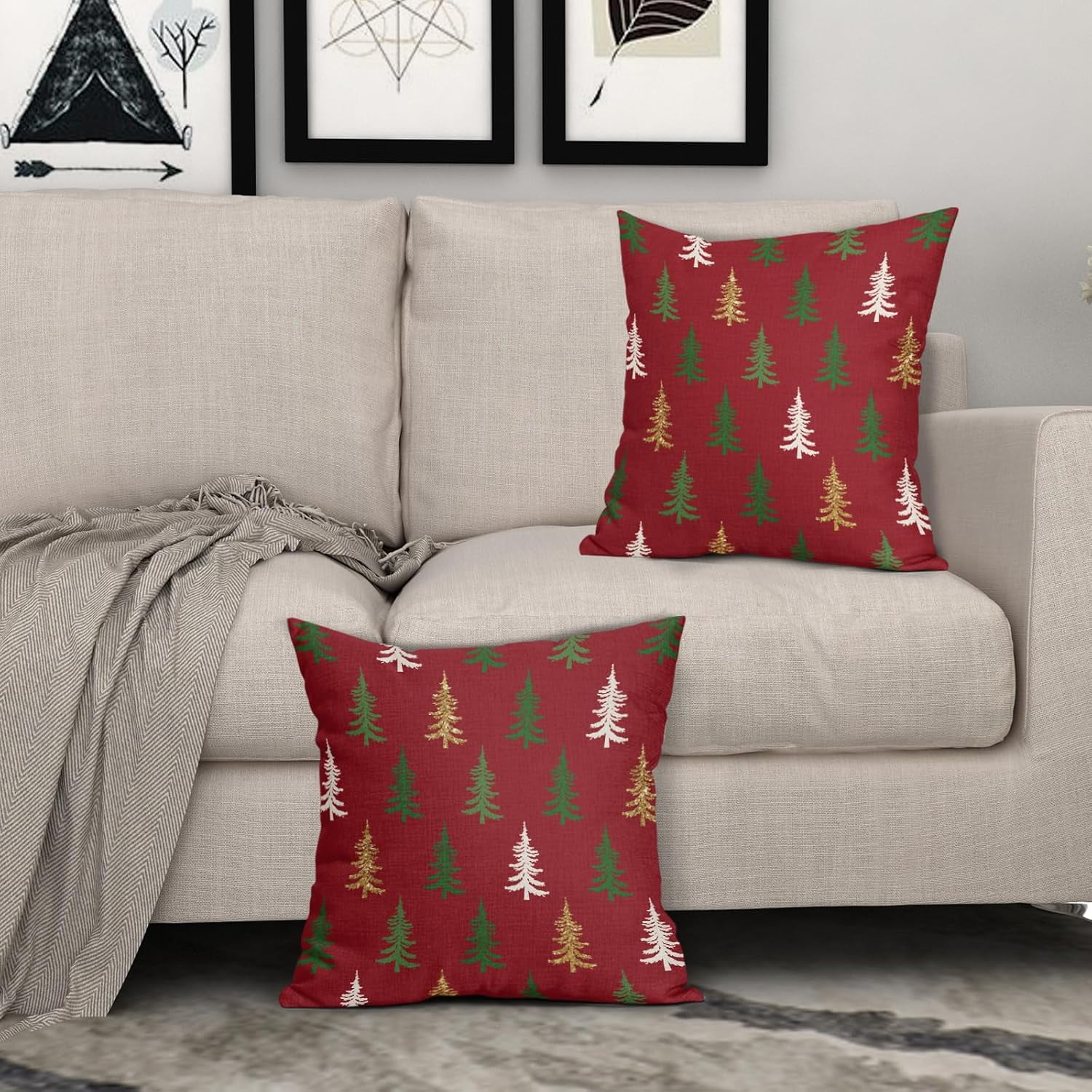 Christmas Tree Pillow Covers 18x18 Set of 2 Red Xmas Rustic Style Winter Print Decorative Outdoor Pillowcases Farmhouse Vintage Holiday Decorations Throw Cushion Case Decor for Couch Sofa Bed