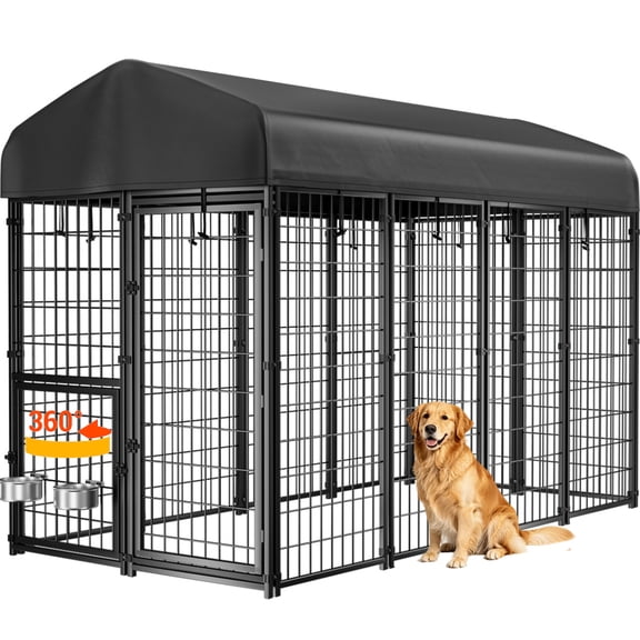 DOMIPET Outdoor Dog Kennel Outside Run with Doggy Door, Swivel Feeder & Roof, Large Dog Run Pen for Outside, Heavy Duty Metal Dog Cage Enclosure, Playpen Fence Dog House