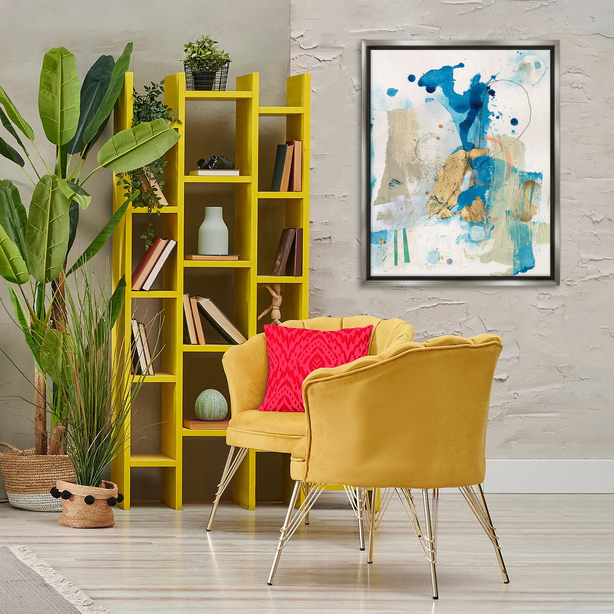 Stupell Industries Blue & Gold Splash Abstract Abstract Painting Gray Floater Framed Canvas Art Print Wall Art, 25 x 31