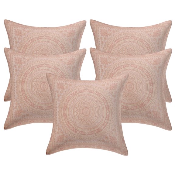 Stylo Culture Ethnic Brocade Home Decor Throw Pillow Covers White 16x16 Traditional Jacquard Weave Gold Couch Cushion Covers 40 x 40 cm Polydupion Silk Mandala Square Pillowcases | Set Of 5