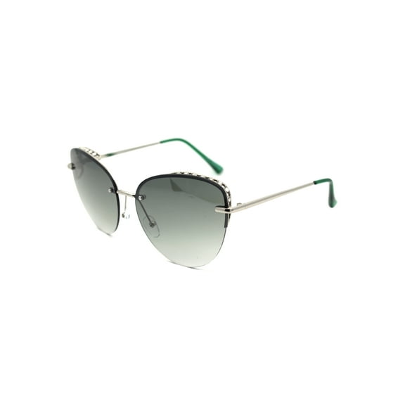 Womens Rhinestone Edge Jewel Rimless Cat Eye Sunglasses Silver Green