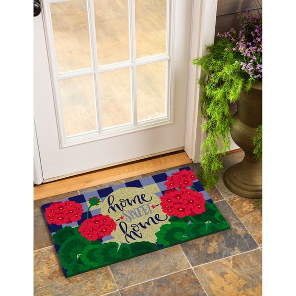 Evergreen Floor Mat Plaid Patriotic Geraniums Coir Mat, 28'' x 16'' inches