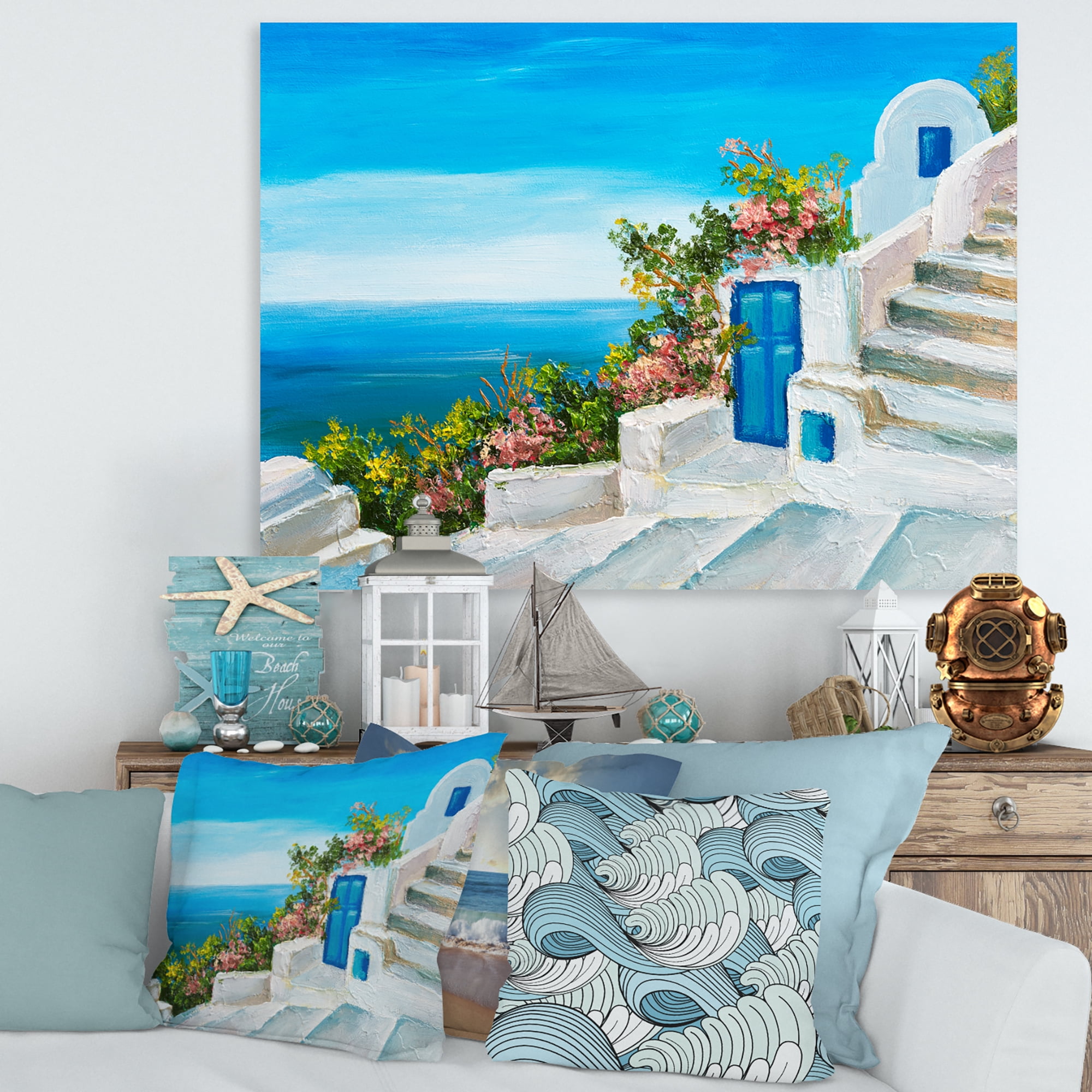 Designart ' House With Colorful Flowers Near The Sea IV ' Nautical & Coastal Canvas Wall Art Print