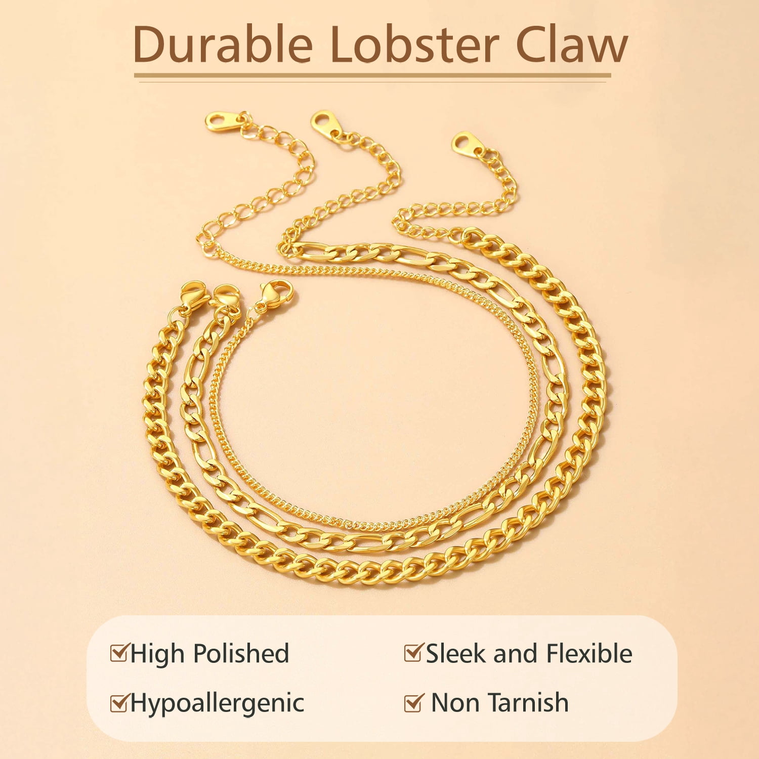 FindChic Ankle Bracelets for Women 14K Gold Plated 3-Layered Anklets Set Waterproof Figaro Chain Cuban Link Summer Foot Jewelry Birthday Gifts for Her Mom Wife