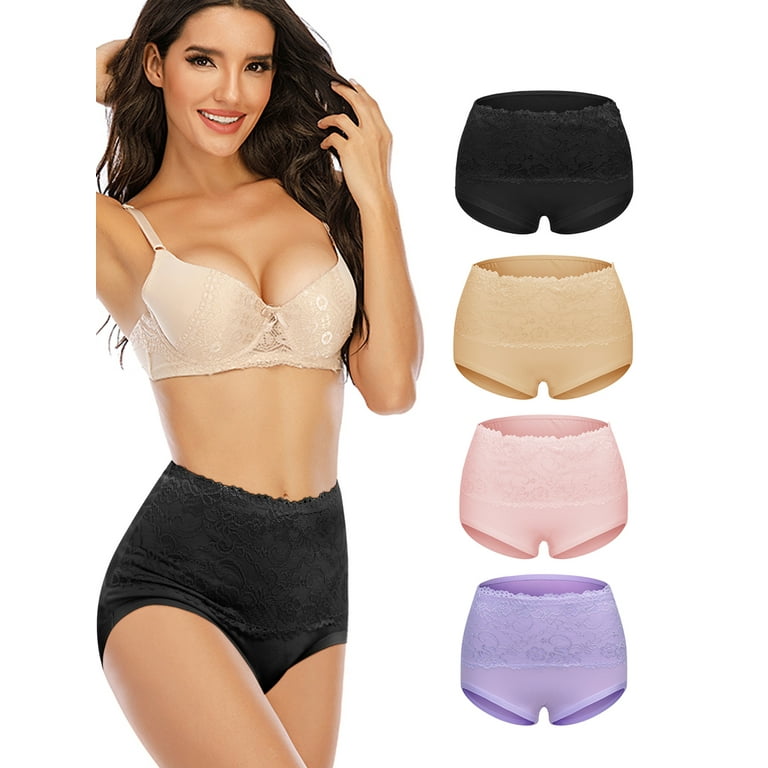 SAYFUT Women's 4 Pack High Waist Full Coverage Strechy Cotton Brief  Underwear Sexy Lace Healthy Solid Panties