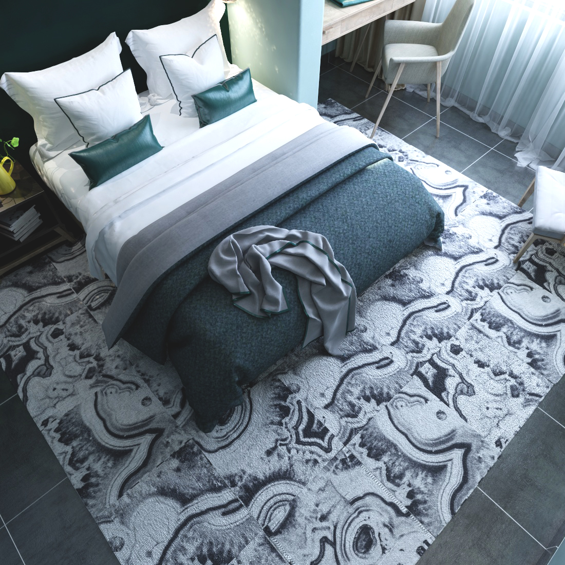 Artyzio Black and White Modern Abstract Carpet Tile, Modular Adhesive