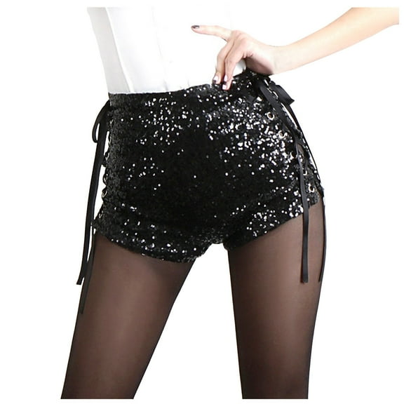 vigerkar Women Sequin High Waist Shorts Sexy Solid Color Glitter Slim Fit Shiny Sparkle Bottoms Y2k Party Clubwear (Black, XL)