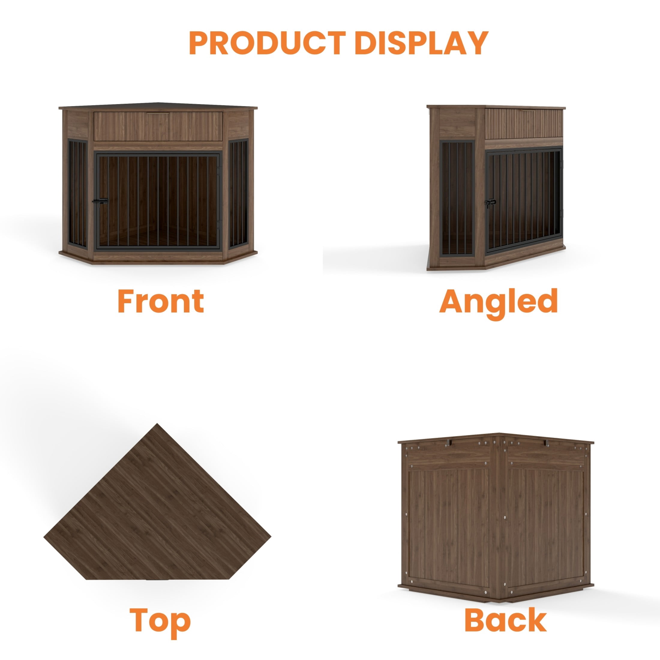 Noble House 44.6" Corner Wooden Dog Crate Furniture with Fluted Storage Drawer, Modern Cabinet for Home Décor, Walnut
