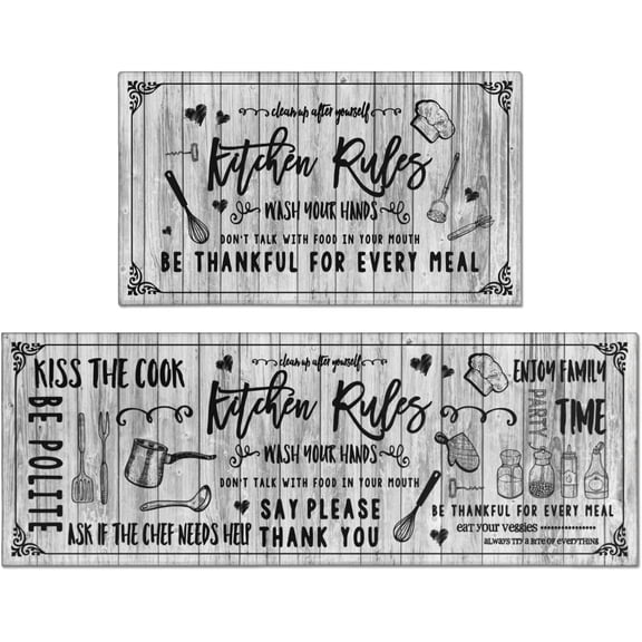 Farmhouse Kitchen Rugs and Mats 2-Piece Sets for Floor, Kitchen Rules White Vintage Non-Slip Kitchen Mat & Runner, Machine Washable Rug for Kitchen Hallway Decor 17”x30“ 17'''' X 47''''