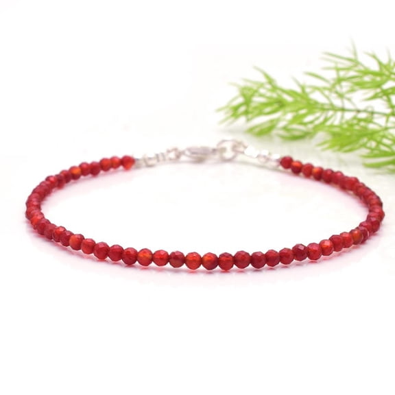 Carnelian 3mm Round Shape Faceted Cut Beads 7 inch adjustable Silver Plated Clasp Bracelet for men, women, unisex. Link Chain Stacking Bracelet.|LINK_01849