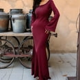 thumbnail image 4 of Maxi Dresses for Women Elegant Classy Fall Long Bell Sleeve Ruched Bodycon Fitted Cocktail Party Slit Dress Deep Red XS, 4 of 7