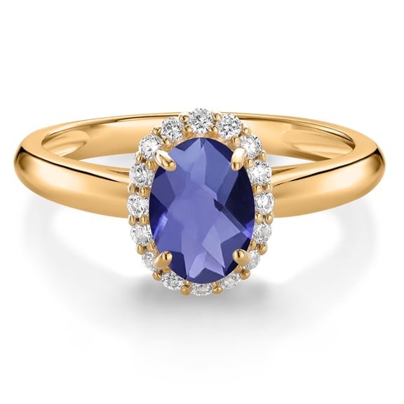 Gem Stone King 10K Yellow Gold Blue Iolite and White Lab Grown Diamond Halo Engagement Ring for Women (0.78 Cttw, Gemstone, Oval Checkerboard 7X5MM, Size 7)