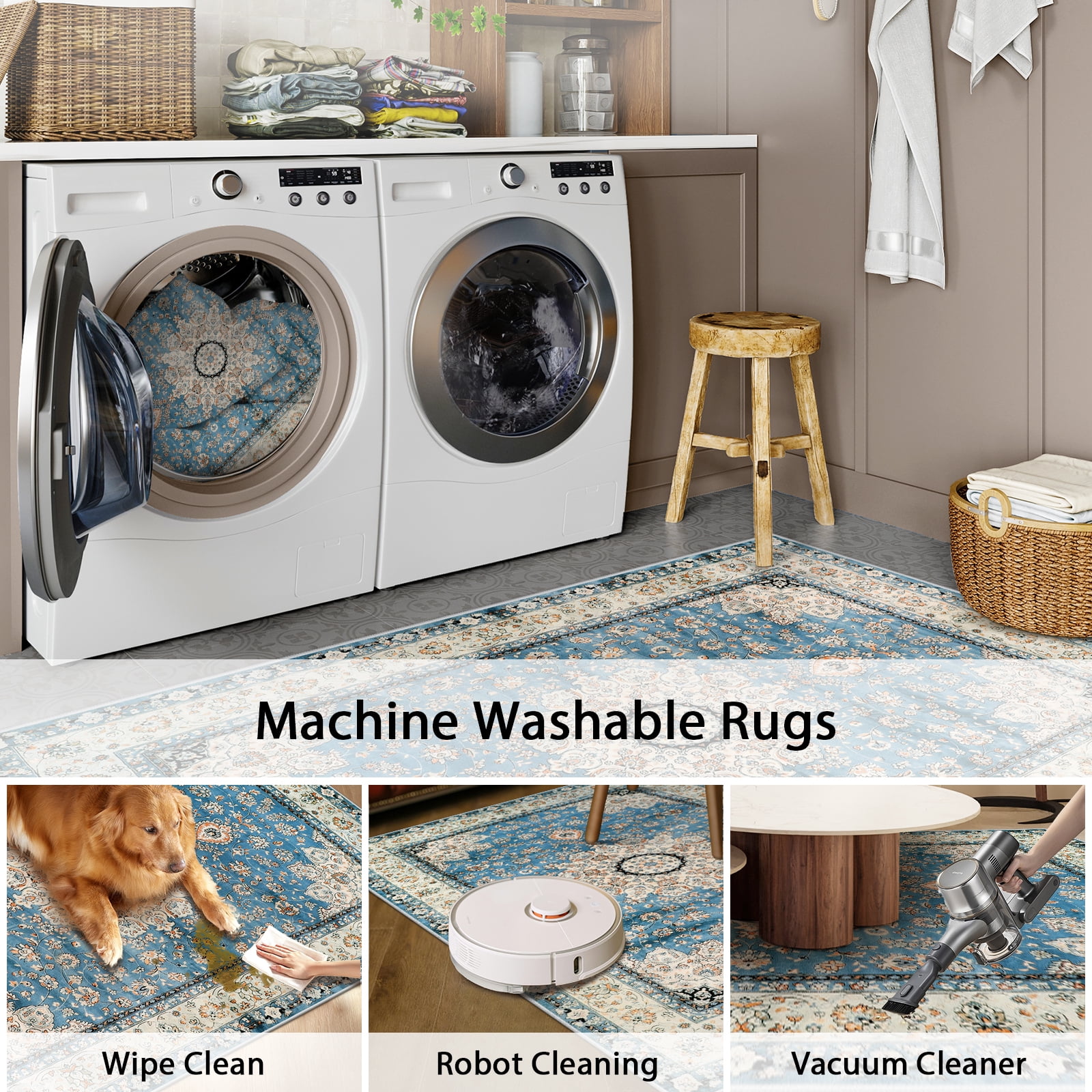 Lahome Decor 4'x6' Oriental Floral Medallion Area Rug for Living Room,Non Slip Machine Washable Vintage Indoor Rug,Vintage Printed Rug,Low Pile Lightweight for Bedroom Office
