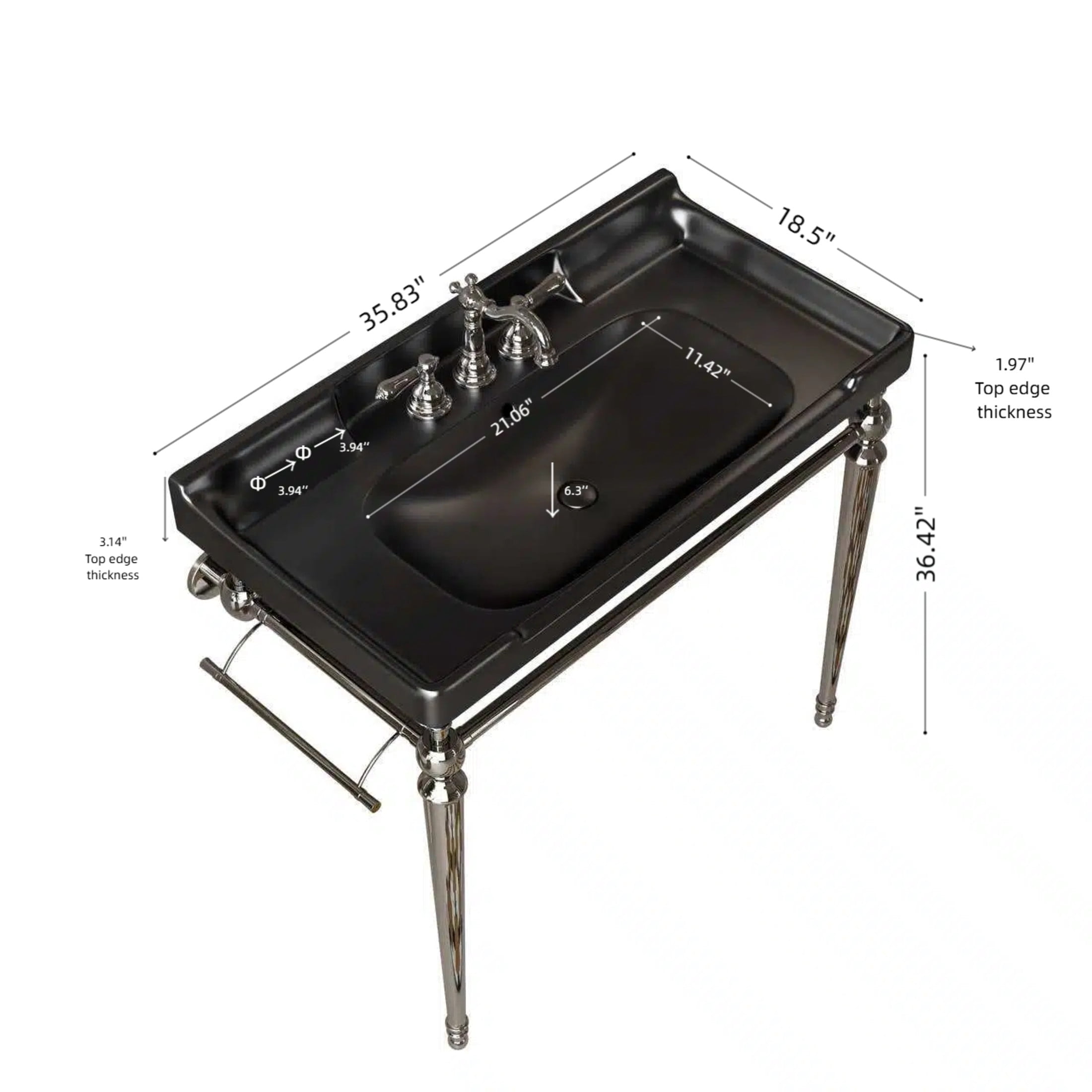 Noble House VICI 36" Bathroom Console Sink, Wall-Mounted Ceramic Basin Vanity with Stainless Steel Legs, Black & Chrome