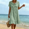 thumbnail image 3 of Summer Dress for Women Cotton Linen Peter Pan Collar Tie Neck Short Sleeves Ruffled Hem Knee-Length Dress, 3 of 8