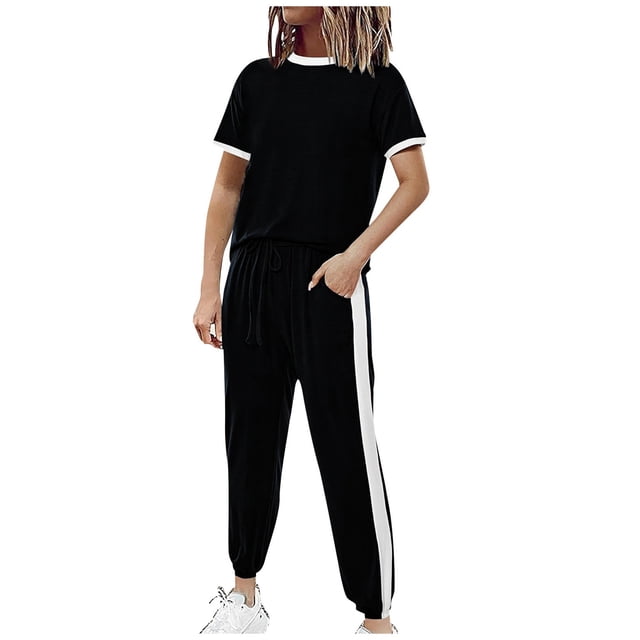 GYUJNB Ensembles 2 Pcs pour Femmes 2024 Été Ensemble Survêtement Col Rond Manches Courtes Hauts Pantalons Longs Jogger Ensemble Décontracté, Noir, m