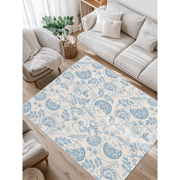 Farmhouse Light Blue Floral Area Rug for Bedroom 3x5 Ft Linen Boho Paisley Flower Rustic Super Soft fuzzy Throw Rug Non-Slip Fluffy Plush Indoor Floor Carpet for Living Room Nursery Home Decor