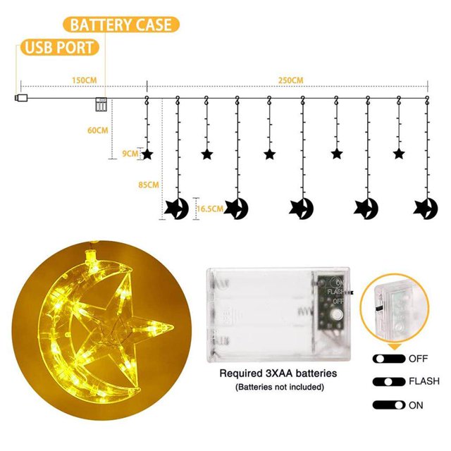 facefd LED Window Curtain String Light Fairy Lights Moon Star String Light Battery USB Powered for Indoor Bedroom Outdoor Party
