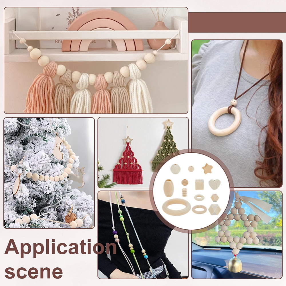 300pcs 8 Shapes Wooden Beads 12~56mm Unfinished Wood Beads Craft Beads Natural Wooden Spacer Beads with 2mm White Waxed Cord