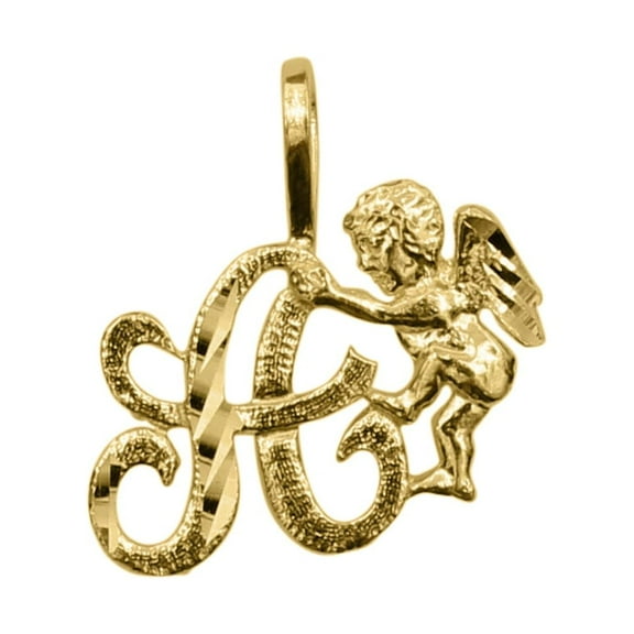 Precious Stars 14K Yellow Gold Cherub and Cursive Initial Letter 'A' Pendant - No Chain, Pendant Only