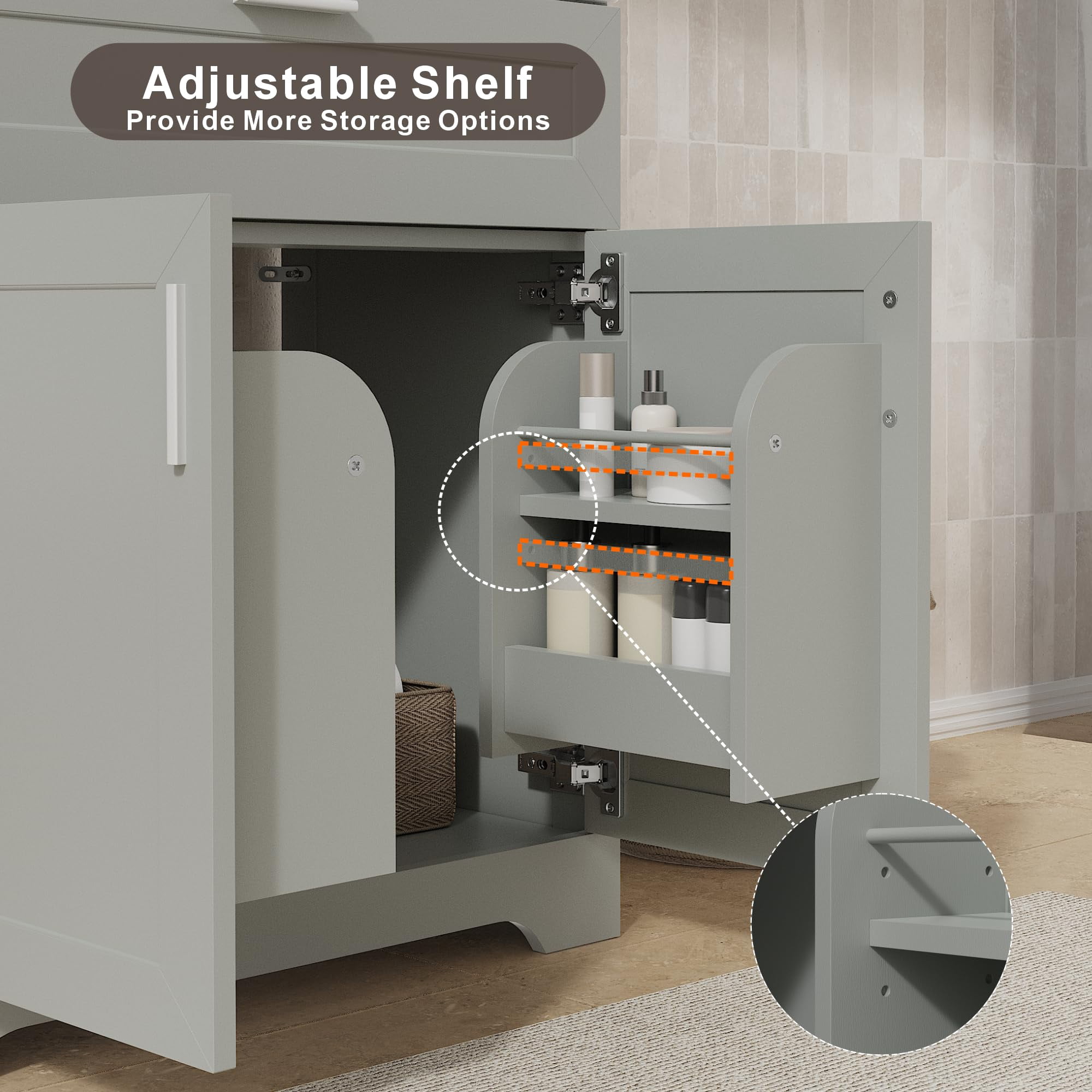 KIGOTY 30" Modern Bathroom Vanity with Ceramic Basin, Free Standing Bathroom Storage Cabinet with with 2 Soft-Closing Doors and 1 Drawer, Gray