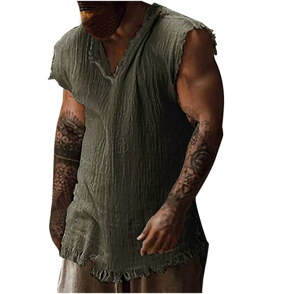 Men's Distressed Ruffled Loose Fit V-Neck Sleeveless Shirt Tunic Frayed Hem Casual Summer Tank Top