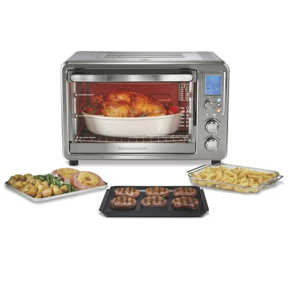 Hamilton Beach 6 en 1 Sure Crisp Air Freyer Combo de horno tostador y parrilla eléctrica para interiores, temperatura de 450 F, función de hornear, asar, tostar y pizza, 0.88 pies cúbicos 31395,