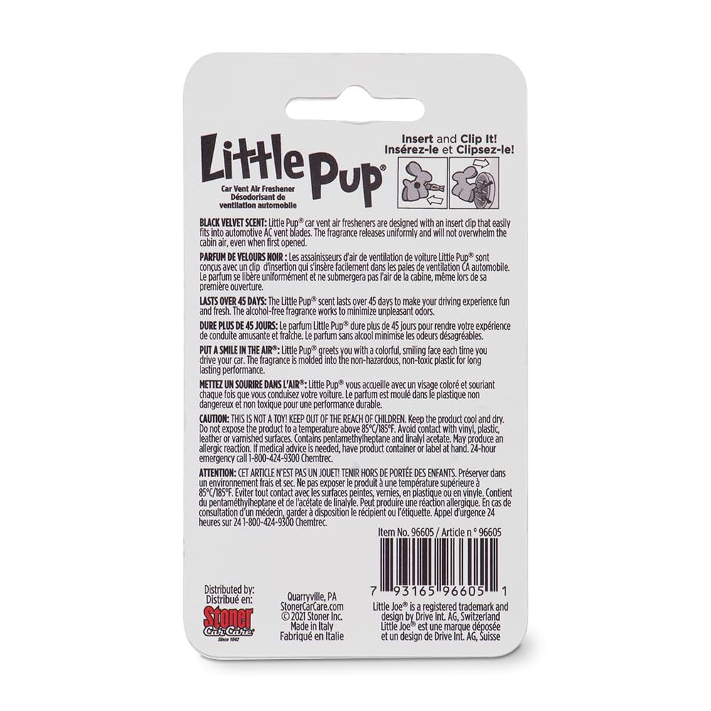 Little Pup 96605-6PK Black Velvet Scent, Car Air Freshener, Clips to A/C Air Vent, Alcohol-Free Fragrance Oil, Non-Hazardous and Non-Toxic Plastic, Set of 6