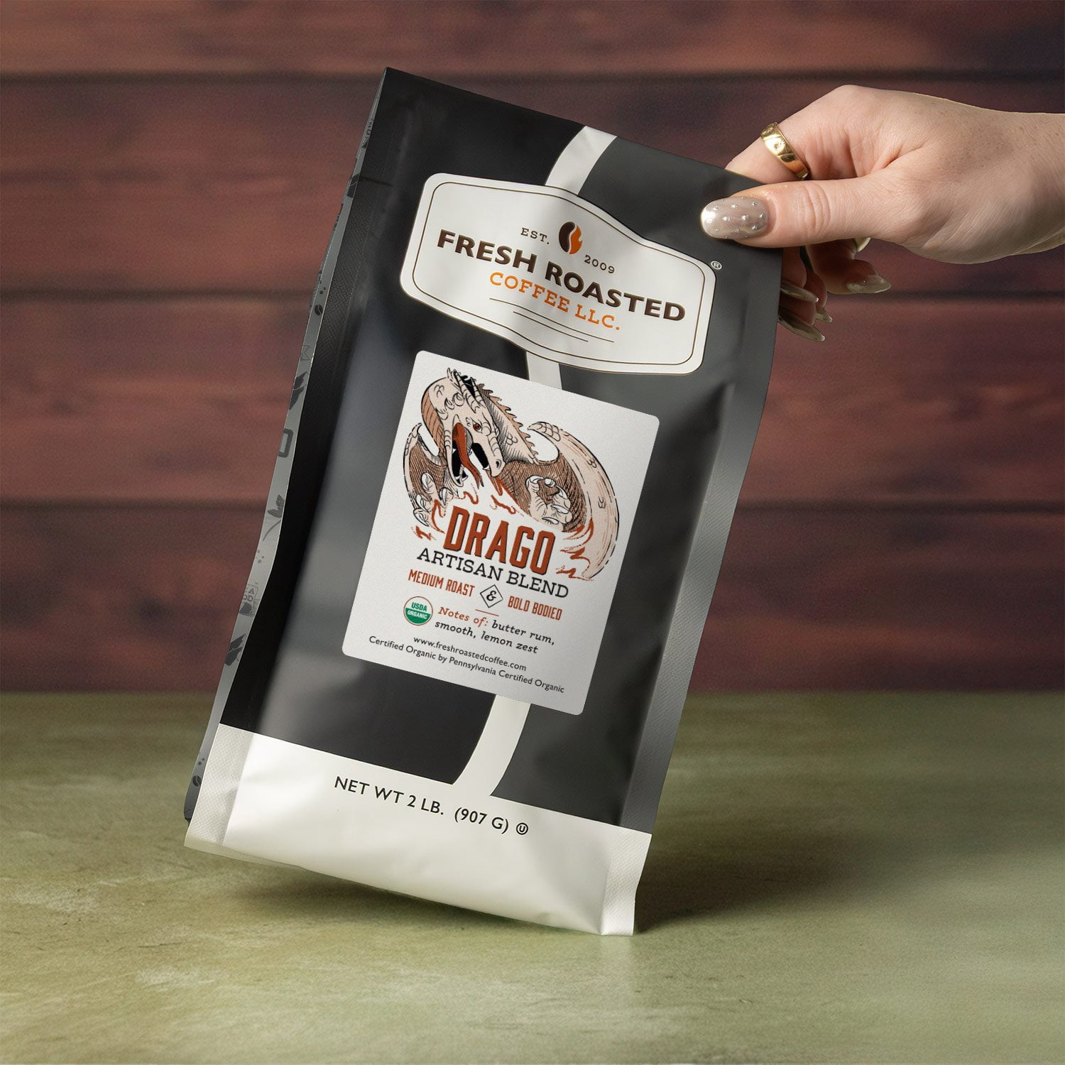Fresh Roasted Coffee, Organic Drago Cafe Blend Coffee, Medium Roast, Whole Bean, 80 oz 5 lbs