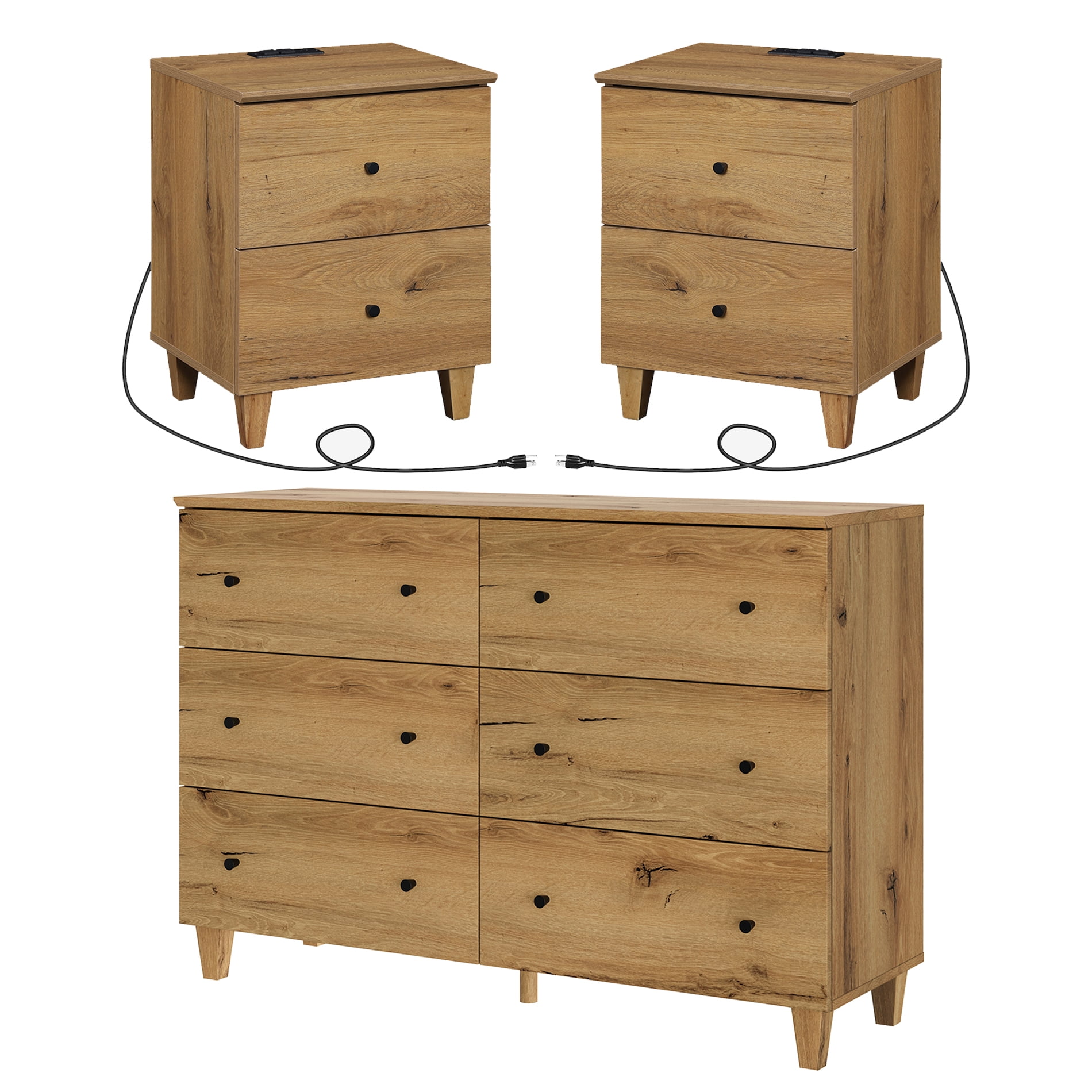 WAMPAT Dresser and Nightstands Set of 3, Wood Dresser with 6 Drawers, 2 Pieces Nightstands with Charging Stations for Living Room, Dark Brown Wood