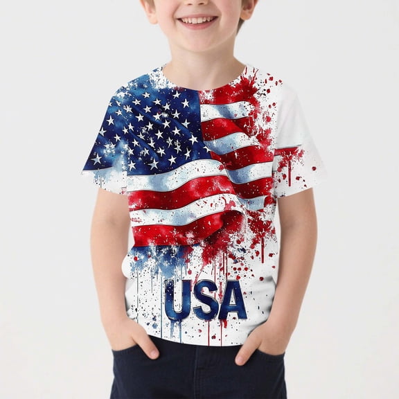 ITSAME American Flag T-Shirts for Boys, Crewneck Short Sleeve 4th of July Patriotic Independence Day Graphic Tees Multicolor Size 7-8T