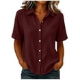 thumbnail image 3 of Women's Loose Fit Short Sleeve Button Up Flared Front Back Pleats Shirt Blouse Top Comfy Office Casual | CSEONE,Wine M, 3 of 7