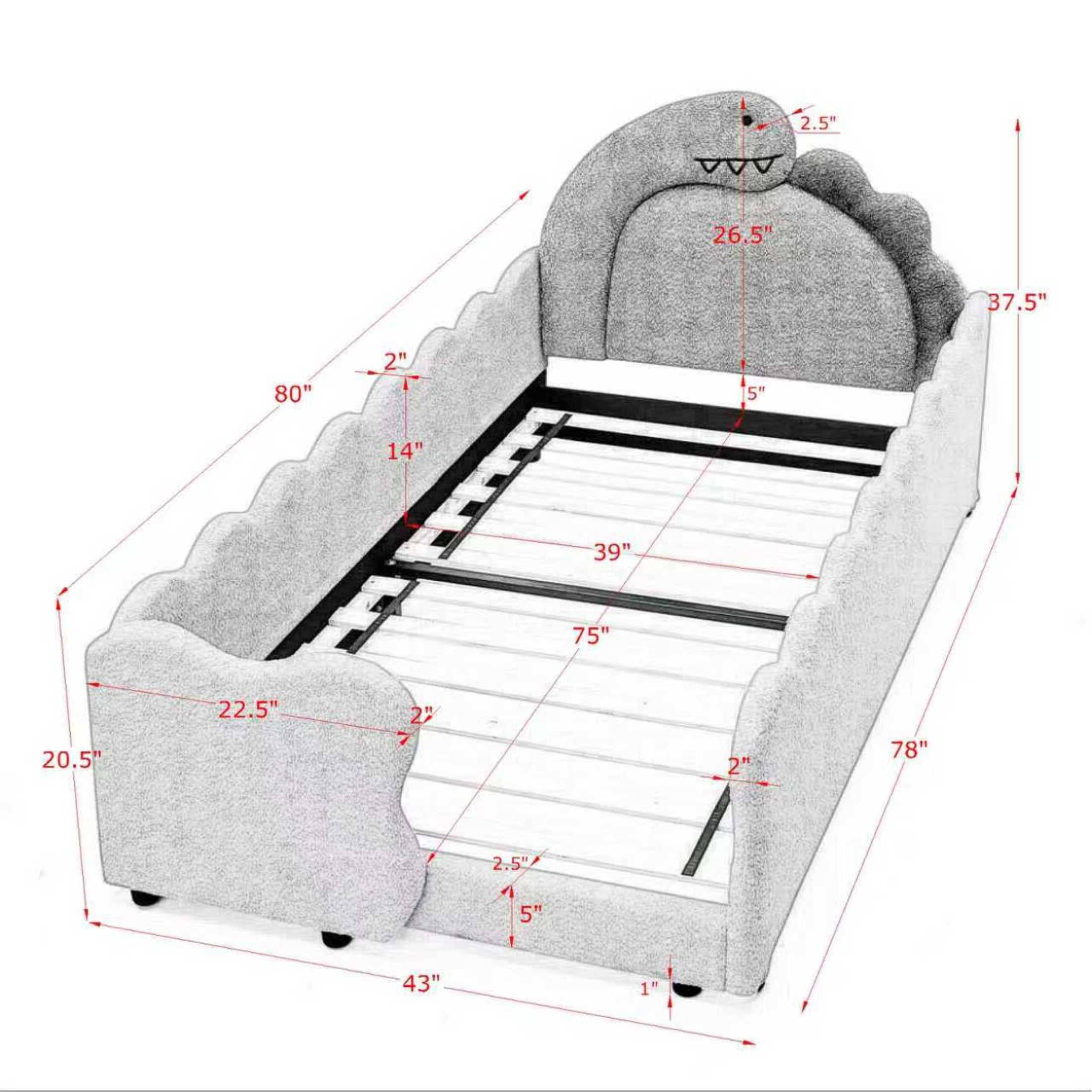 Noble House Almere Twin Size Dinosaur Kids Bed, Cozy Playful Boucle Toddler Bed Frame with Safety Guardrails, Navy Blue