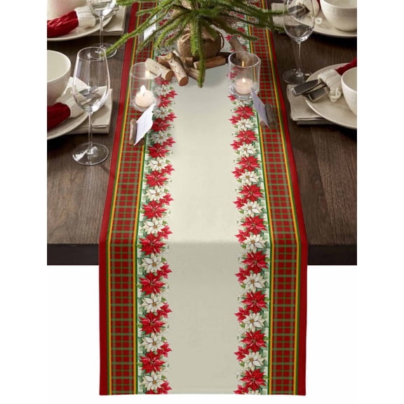 Christmas Cotton Linen Table Runner for Dining Kitchen, Winter Xmas Poinsettia Red Green Plaid Wedding Outdoor Party Tablerunners Decoration, Dresser Scarf Coffee Tablecloth Runners 13x120 Inches