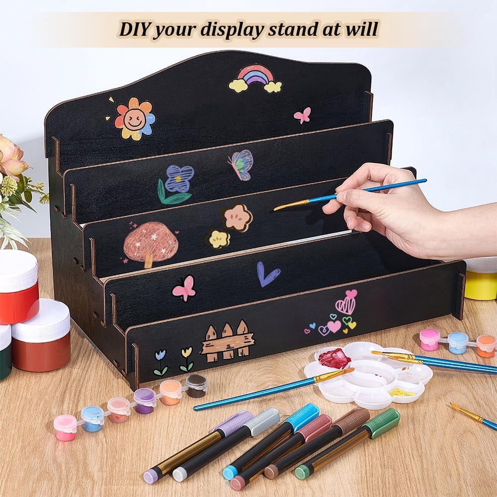 Greeting Card Display Stand Holder 4-Tier Wooden Organizer Display Rack Postcard Display Portable Birthday Card Display Sticker Display Stand for Vendors Counter Retail Display Holder Black