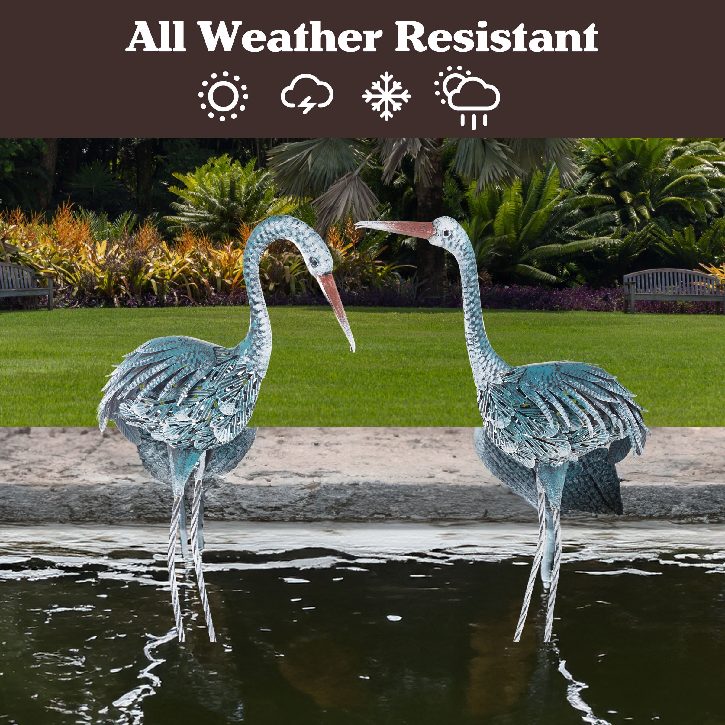 Pure Garden Crane Garden Statues Set of 2 - Metal Yard Art Outdoor Decor