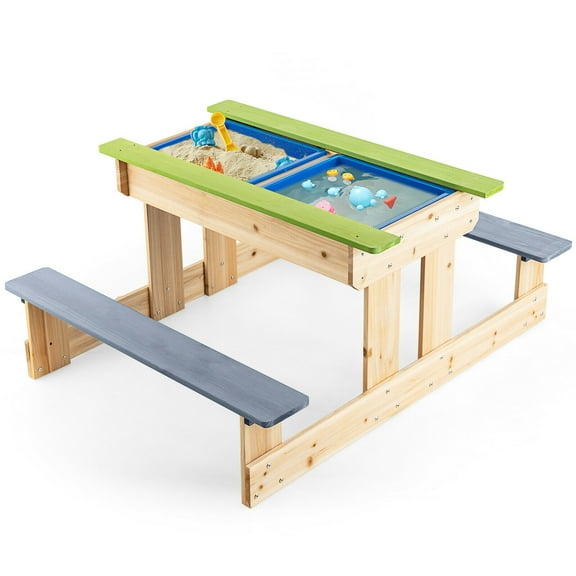 Gymax 3-in-1 Kids Picnic Table Outdoor Wooden Water Sand Table w/ Play Boxes
