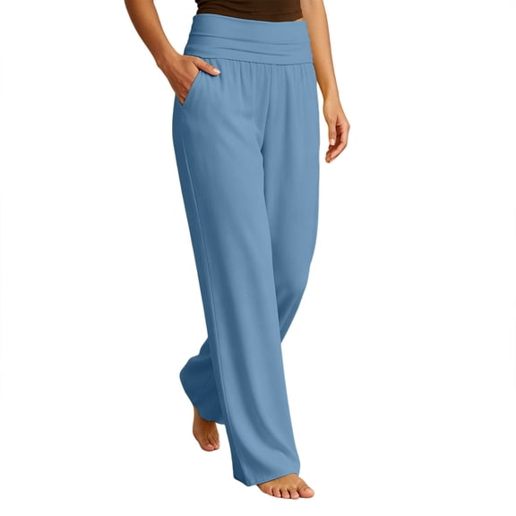 ABSUYY Womens High Waisted Wide Leg Pants Light Blue Elastic Waist Relaxed Fit Trousers with Pockets,Size 2XL